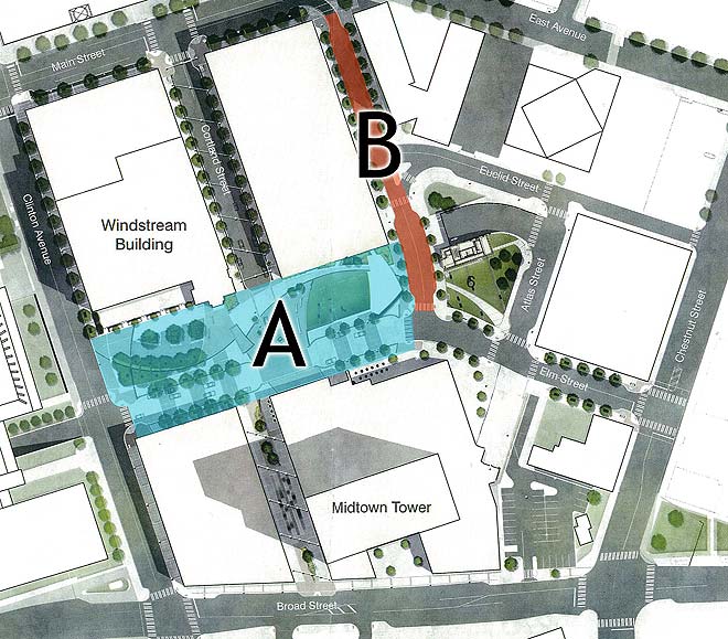You have a chance to name the new plaza (A) and street (B) at Midtown.