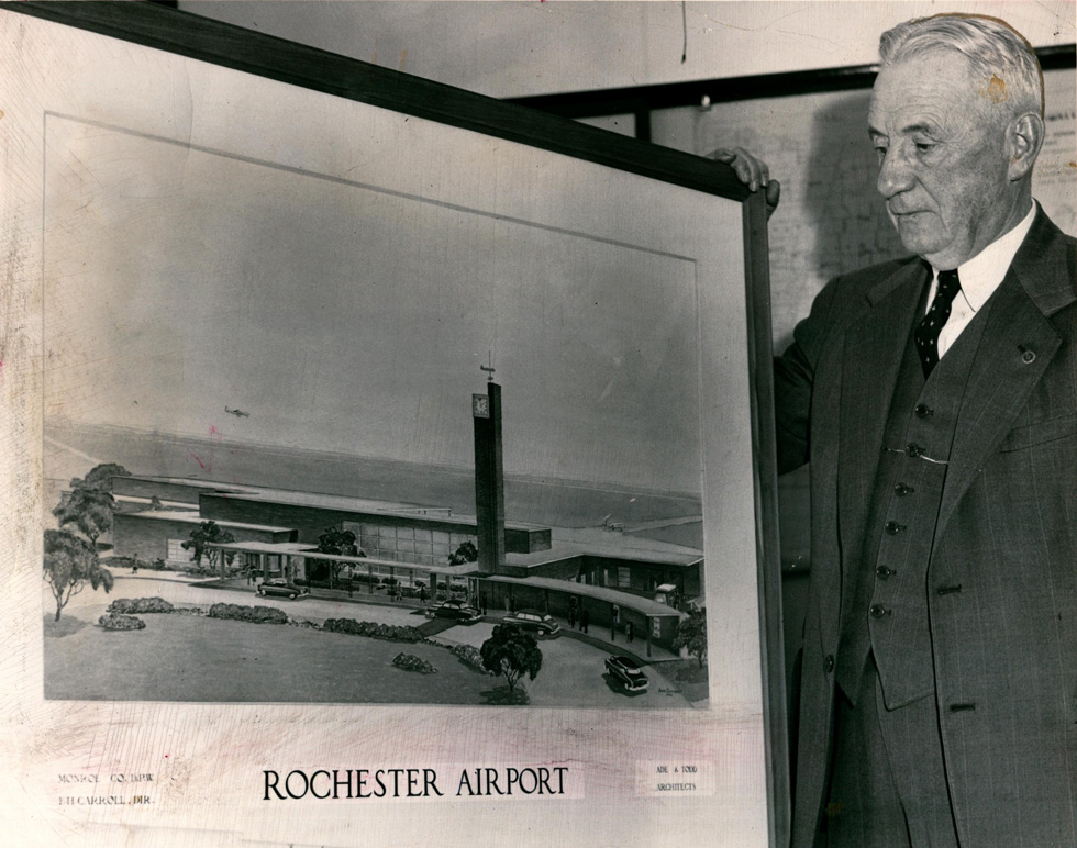 This is the terminal was built on Brooks Avenue in 1953 and contained the mural in question. [IMAGE: Rochester Public Library Local History Division]