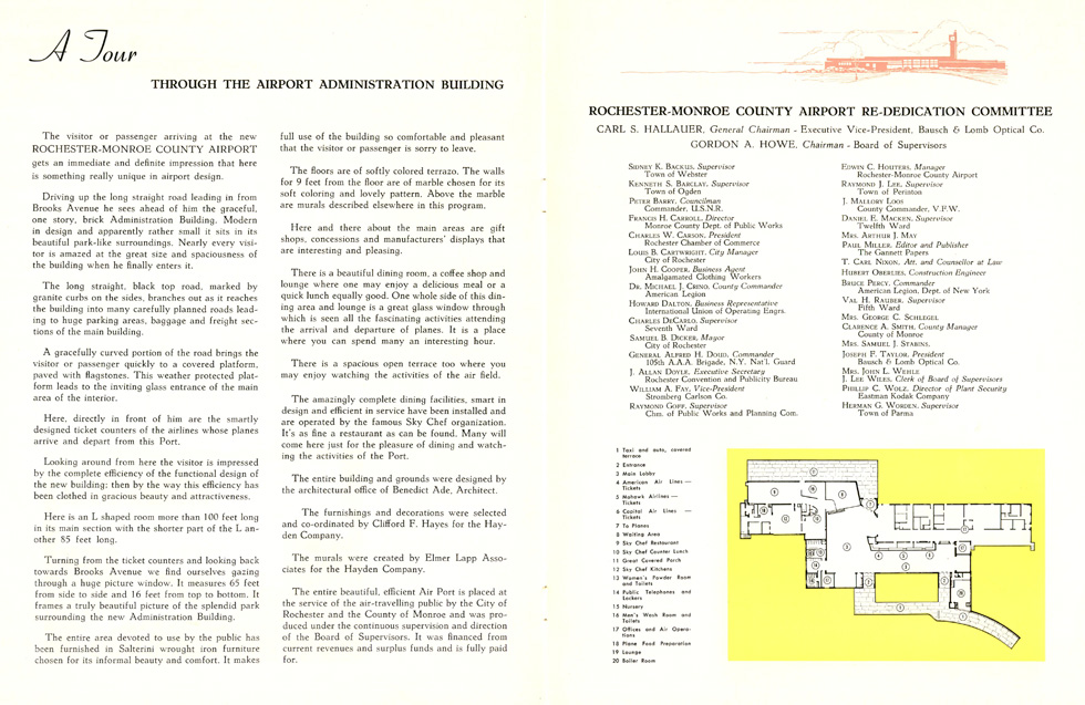 The brochure contains a floor plan of the new Rochester Monroe County Airport terminal. [IMAGE: Rochester Public Library Local History Division]