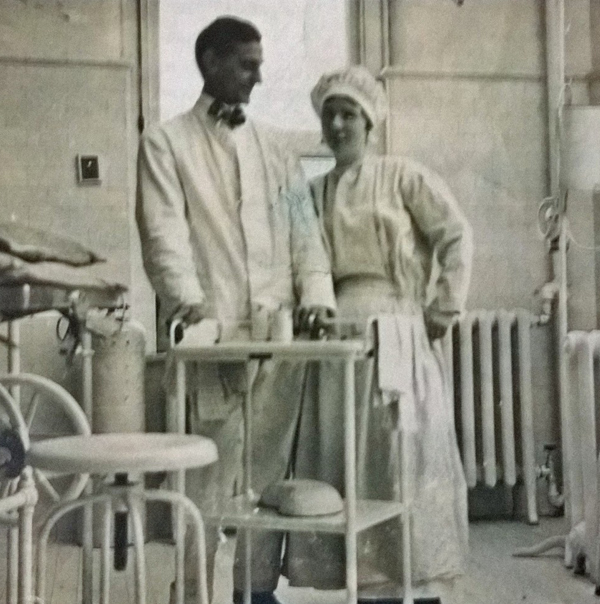 Katherine Fitzgerald Osborn (right) was a nurse at Rochester's Park Avenue Hospital. She's standing next to an unidentified doctor - possibly Dr. Williams (written on back side in pencil). [PHOTO COURTESY OF: John Zicari]