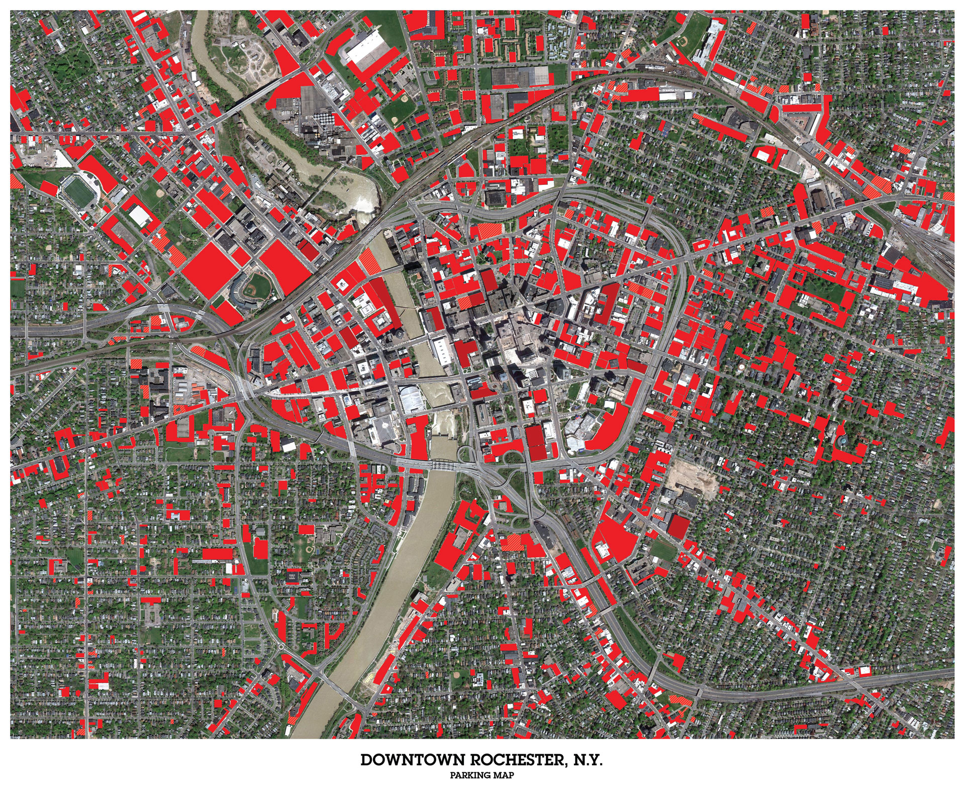 Downtown Rochester, N.Y. satellite view of parking areas.