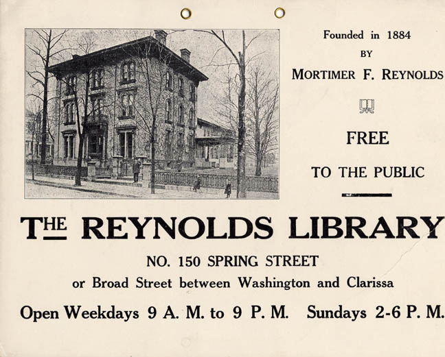 The Reynolds Library on Spring Street. Built in 1856 for Samuel Hamilton. Mortimer Reynolds bought the home in 1877 and lived in it until his death in 1892. The house was remodeled in 1895 and the Reynolds Library (incorporated in 1884) moved from the Reynolds Arcade to this mansion. In 1936 the collection was transferred to the Rundel Memorial Building. The mansion was then sold to the Rochester Institute of Technology in 1940. It was later razed for the construction of the inner loop. [PHOTO: Rochester Public Library]