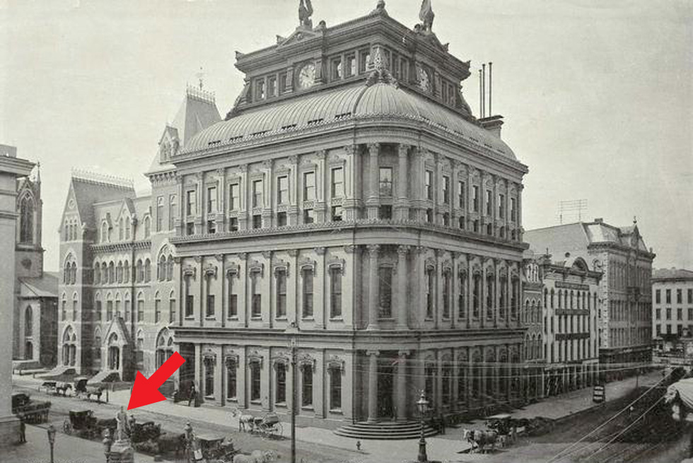 This was the corner of Main and Fitzhugh Streets (1884). Can you find Cogswell? [PHOTO: Rochester Public Library]