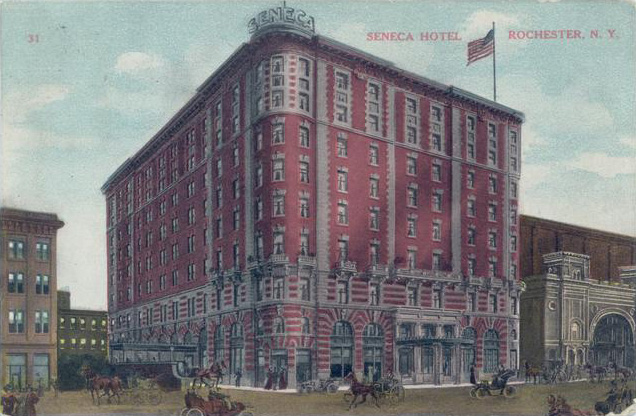 The Hotel Seneca opened in 1908 with 300 rooms, a ballroom, several dining and meeting rooms. [IMAGE: Vintage Postcard, Rochester Public Library]