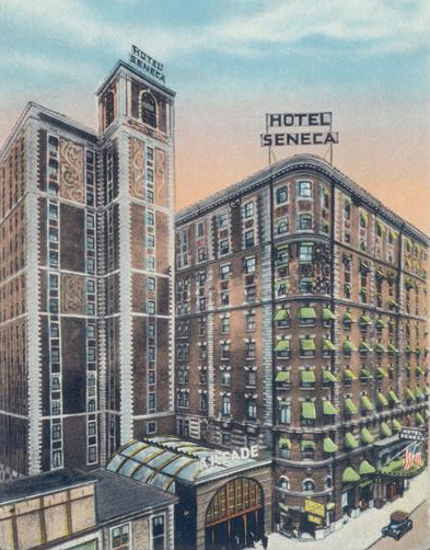 By the early 1920s a 10-story addition was added, making the Seneca Rochester's largest hotel with over 500 rooms. [IMAGE: Vintage Postcard, Rochester Public Library]