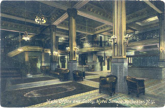 The main lobby of the Seneca Hotel. [IMAGE: Vintage Postcard, Rochester Public Library]