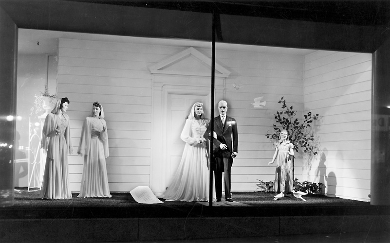 A Sibley's window display featuring mannequins in wedding fashions. 1940. [PHOTO: Rochester Public Library]