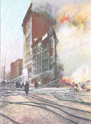 The Great Fire of 1904--in color--as depicted in a vintage postcard.