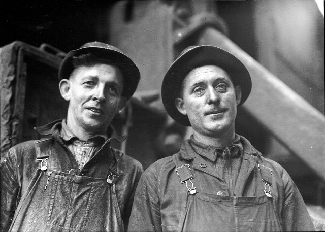 Bert Bitting and Jerry Kellerer, steam shovel operators working on deeping the Genesee River. c.1916. [PHOTO: Albert R. Stone Collection]