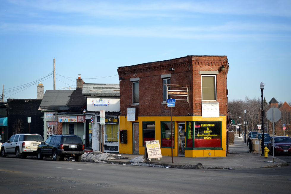 Braiding, Barber Shop, and Caribbean Food. Main and Richmond St. Rochester, NY. [PHOTO: RochesterSubway.com]