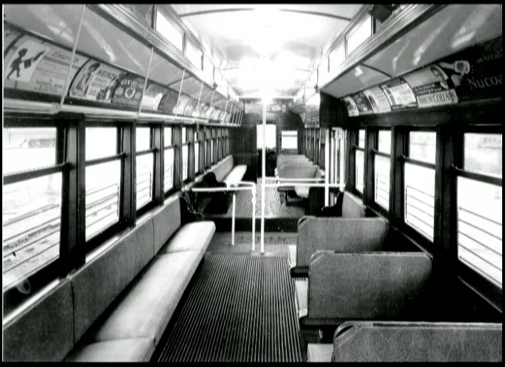Here's a look inside of a Rochester Subway car. This one is empty. The car Jim would have been riding on the last day of service was undoubtedly full. [PHOTO: Wallace Bradley Collection]
