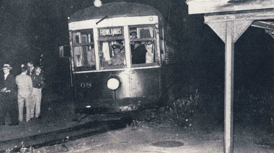 The last car--the last run--midnight June 30, 1956. Car 68 is pictured at Rowlands ready to depart on the last trip to General Motors. The farewell trip was well attended by members of the Rochester Chapter, NRHS and subway employees (photo: John Wilkins, Shelden King Collection)