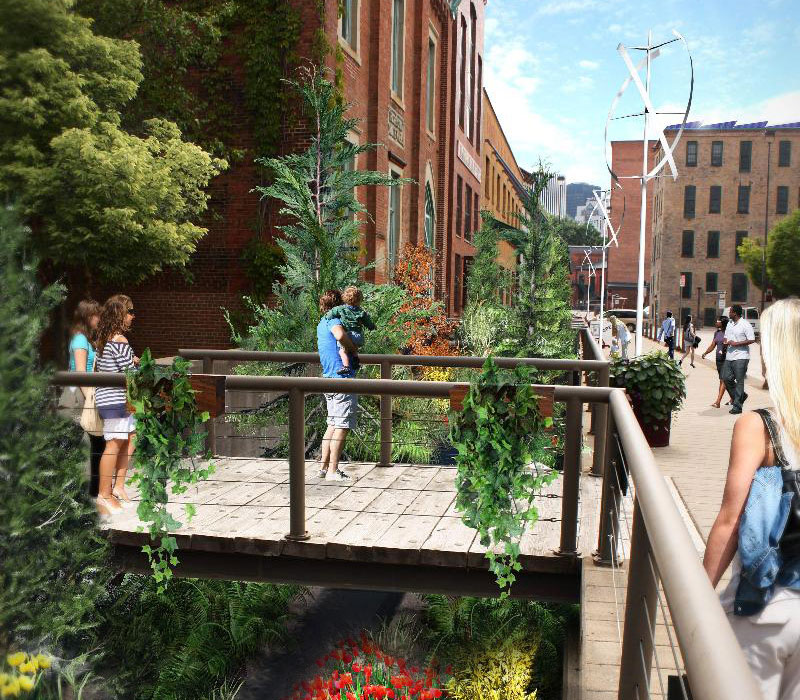 Concept for a Sunken Garden at Browns Race, High Falls. Rochester, NY. [IMAGE: Bryant Design Studios]