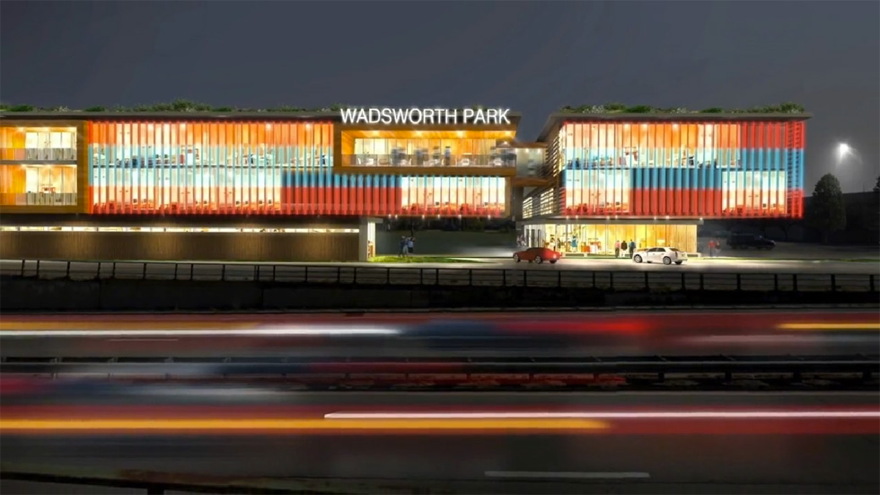 Renderings of a previous Wadsworth Park development concept, from Bryant Design Studios.