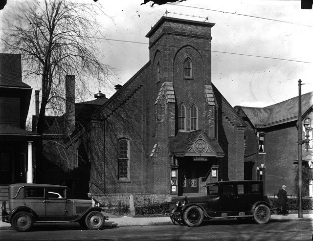 The Liederkranz Club building, formerly the Westminster Presbyterian Church, as it was circa 1916. The address, 320 West Avenue, was later renumbered 656 W. Main Street and again, finally, to 660. Westminster Presbyterian moved to Arnett Blvd., ca. 1915. 
 [PHOTO: Albert R. Stone Collection]