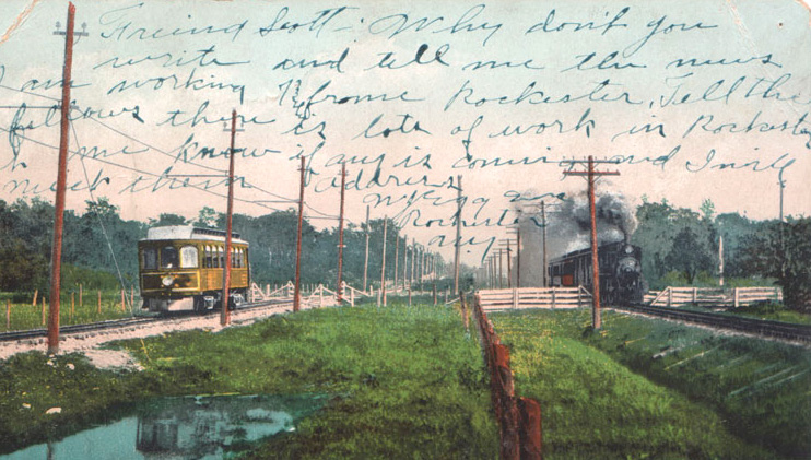 A vintage postcard (available on RochesterSubway.com) entitled 'Electricity versus Steam'. The photo shows the tracks of the Rochester and Eastern Rapid Railroad and the Auburn branch of the New York Central and Hudson River Railroad where they parallel each other between Rochester and Canandaigua, with the trains of each railroad running at full speed in the same direction. The electric car shown here was capable of reaching speeds of sixty miles per hour.