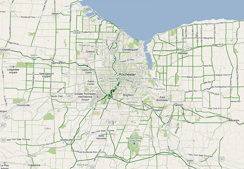 Rochester's many bike routes (both on and off-road) as seen using Google transit.