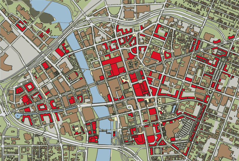 The Rochester Center City Master Plan. This map highlights areas throughout downtown Rochester which were the focus of RRCDC's 2007 Downtown Charrette Report