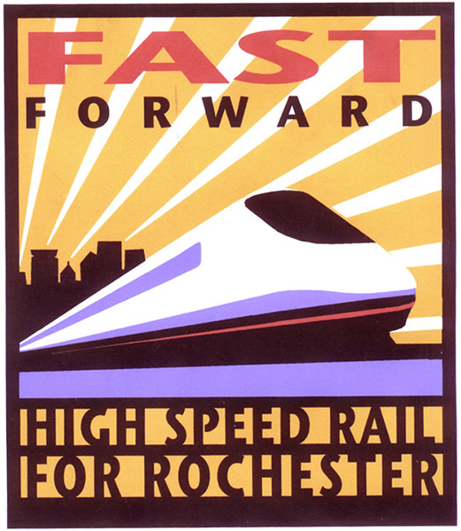 'Fast Forward - High Speed Rail for Rochester' poster designed by Laura Wilder circa 2002. Commissioned by the Genesee Transportation Council to drum up support for high speed rail.