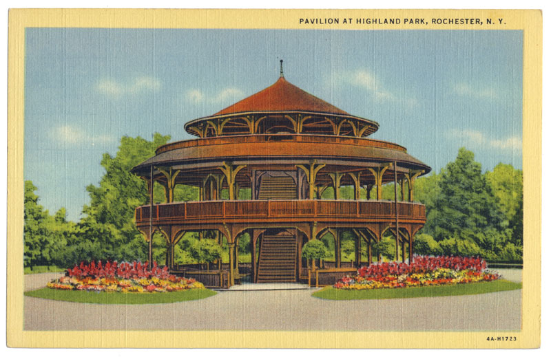 A vintage postcard view of the Highland Park Pavilion (c.1930).