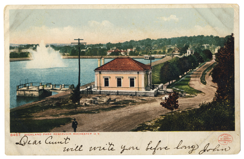 A vintage postcard view of the Highland Park Reservoir (1908).