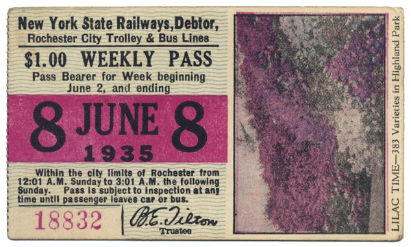 Here's a bus/trolley pass from 1935 reminding riders to stop and smell the lilacs.