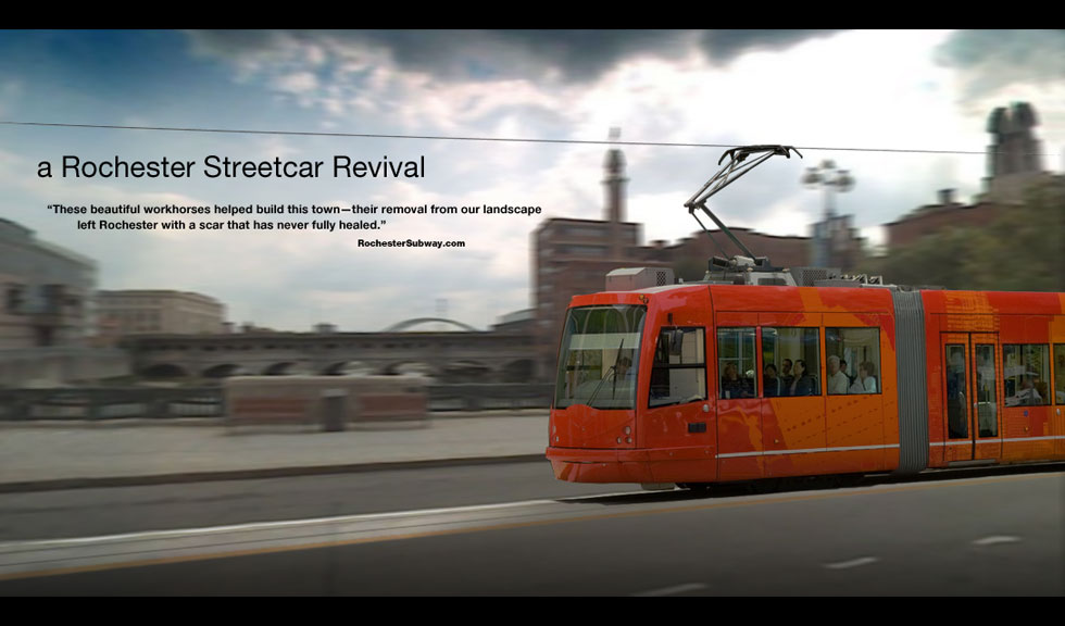 Photo simulation of a new Rochester streetcar on Main Street.