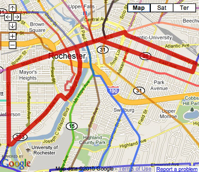 Proposed Rochester Streetcar Route with RTS bus routes.