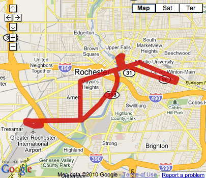 Proposed Rochester Streetcar Route with extension to train station and airport.