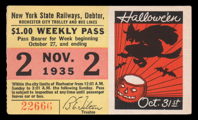This Rochester Streetcar and Subway weekly pass from October 1935 wishes riders a 'Happy Halloween'.