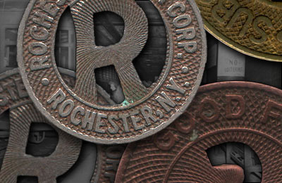 Various Rochester transit tokens from the collection of RochesterSubway.com. All tokens are available for purchase.