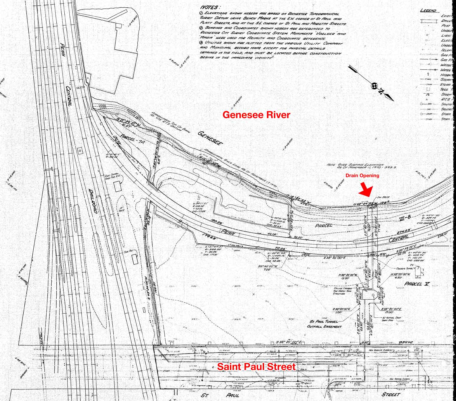 This mechanical drawing of Saint Paul Street and the eastern wall of High Falls gorge shows what's behind the door in the previous photo; a Saint Paul Street drainage tunnel. [via City of Rochester Engineer]