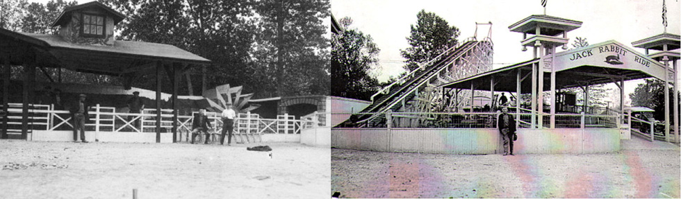 The Old Mill water ride, and the Jack Rabbit roller coaster. These two photos were taken at different times. Matthew Caulfield and Alan Mueller pieced the two photos together to discover the location of the Old Mill which was previously unknown. [PHOTO: Courtesy Seabreeze Amusement Park and Albert R. Stone]