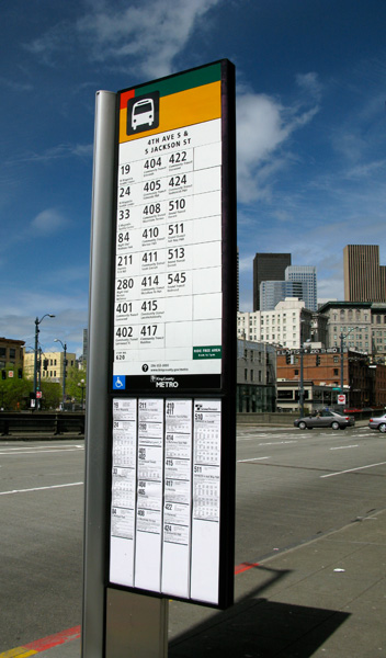 This bus stop sign in Seattle gives riders all the information they need to find their way.