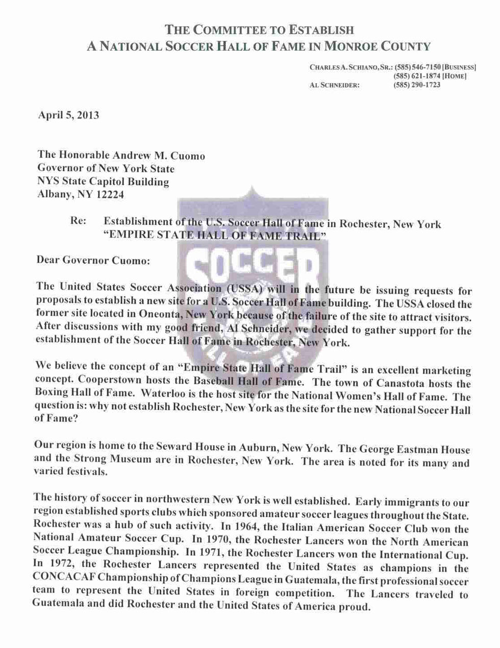 Al Schneider's letter to Governor Cuomo, RE: US Soccer Hall of Fame.