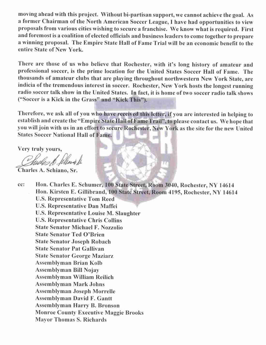 Al Schneider's letter to Governor Cuomo, RE: US Soccer Hall of Fame.