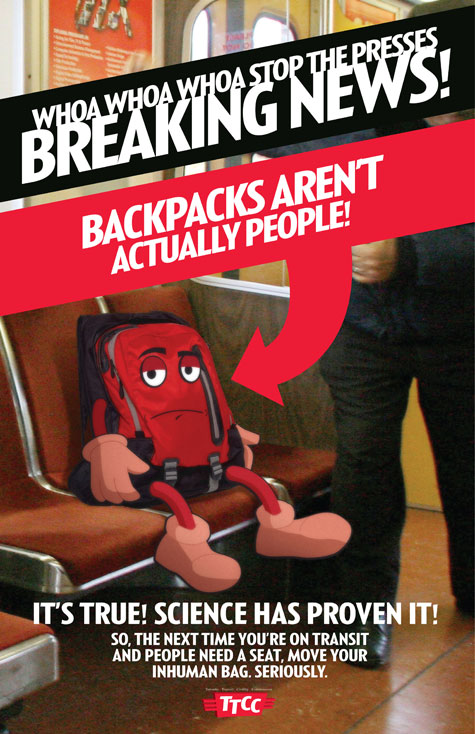 Fake transit etiquette poster reminds Torontians to be considerate of fellow transit riders.