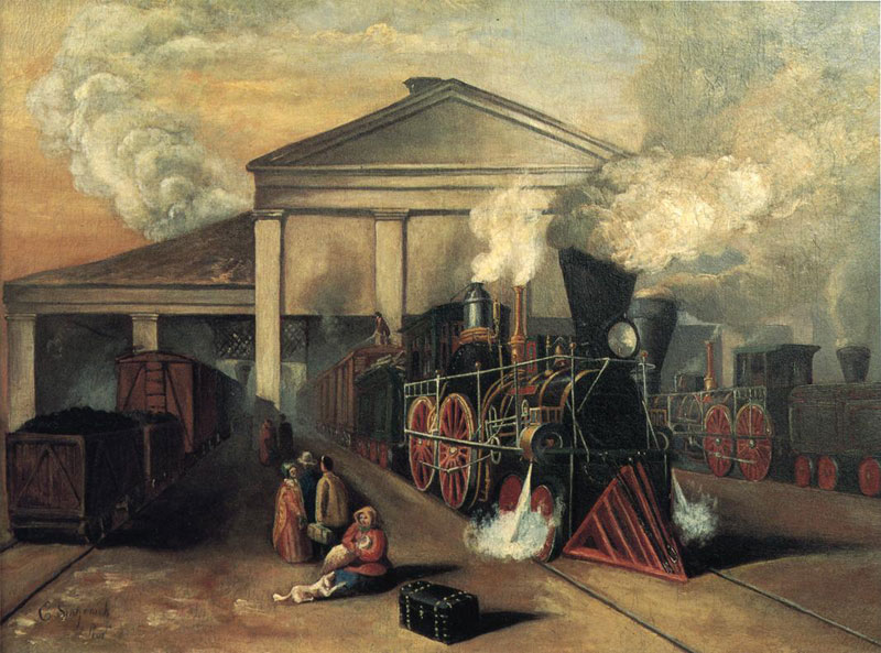 Train Leaving Auburn Station Rochester NY [PAINTING: Eugene Sintzenich, Oil on Canvas, 1852]