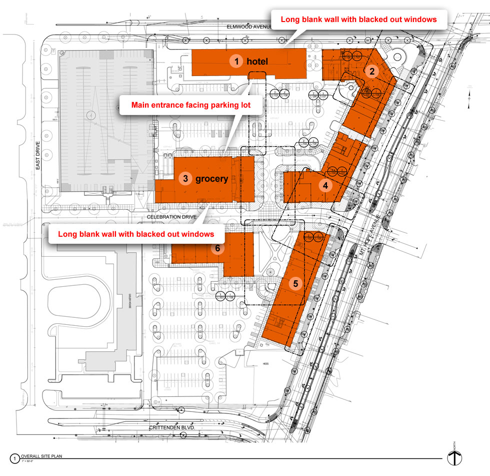 College Town plan view. Buildings 1 and 3 are oriented toward the parking lot with their backs to the street.