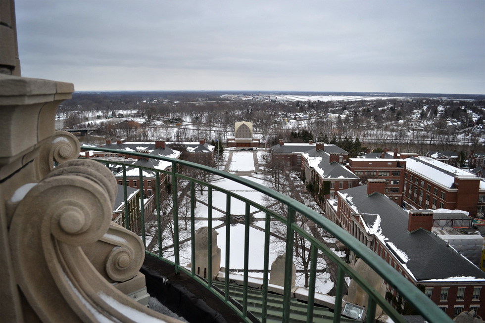 We've reached the top! The view of the perfectly symmetrical Eastman Quad--with the Interfaith Chapel at the far end and the frozen Genesee River behind it--is immediately striking. [PHOTO: RochesterSubway.com]