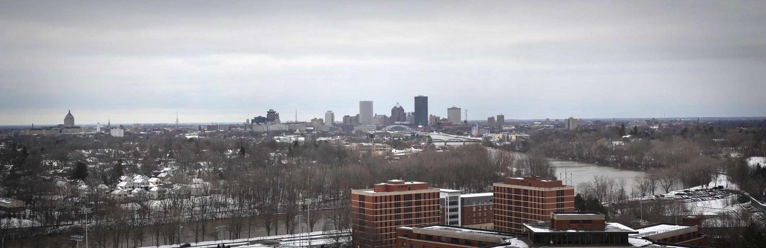 Panorama view of Rochester skyline from top of University of Rochester Rush Rhees Library. [PHOTO: RochesterSubway.com]