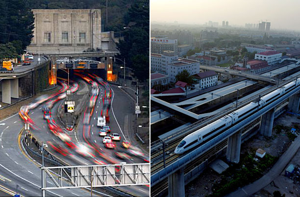 Right: The Caldecott Tunnel is a three bore highway tunnel in Oakland, California. Construction of a fourth bore is estimated at $400 million, of which the American Recovery and Reinvestment Act will provide $280 million. Left: The high-speed rail line that will eventually connect Beijing with Shanghai is expected to cut travel time from 10 hours to four when the line opens in a couple of years. China's economic stimulus plan will help pay for 16,000 miles of new high-speed rail lines.
