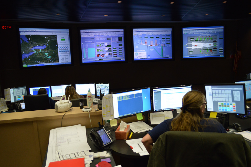 Josephine Guarino manages the control center at Van Lare. This is essentially the brain of the entire system. Weather is constantly monitored, and tunnels and pump facilities can all be monitored and managed from here. [PHOTO: RochesterSubway.com]