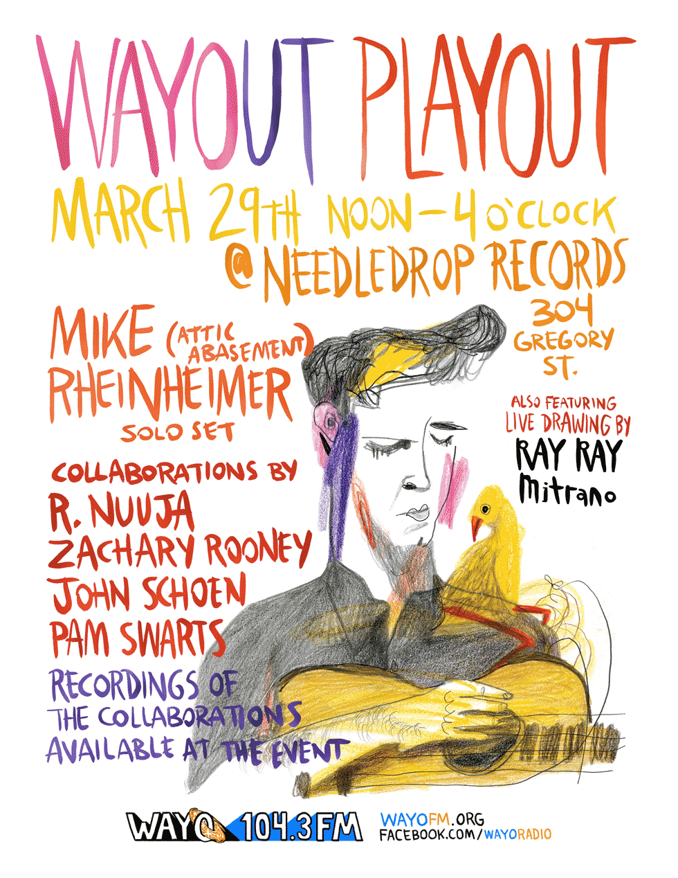 On March 29 at Needledrop Records four musicians - R. Nuuja, Zachary Rooney, John Schoen, and Pam Swarts - will collaborate to create two 15 minute pieces live in the store.
