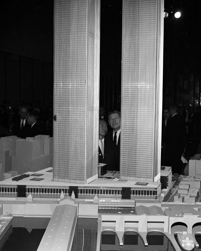 Nelson Rockefeller looks at model of world trade center with its Architect Minoru Yamasaki, Jan. 19, 1964.
[PHOTO: John Campbell, Daily News]